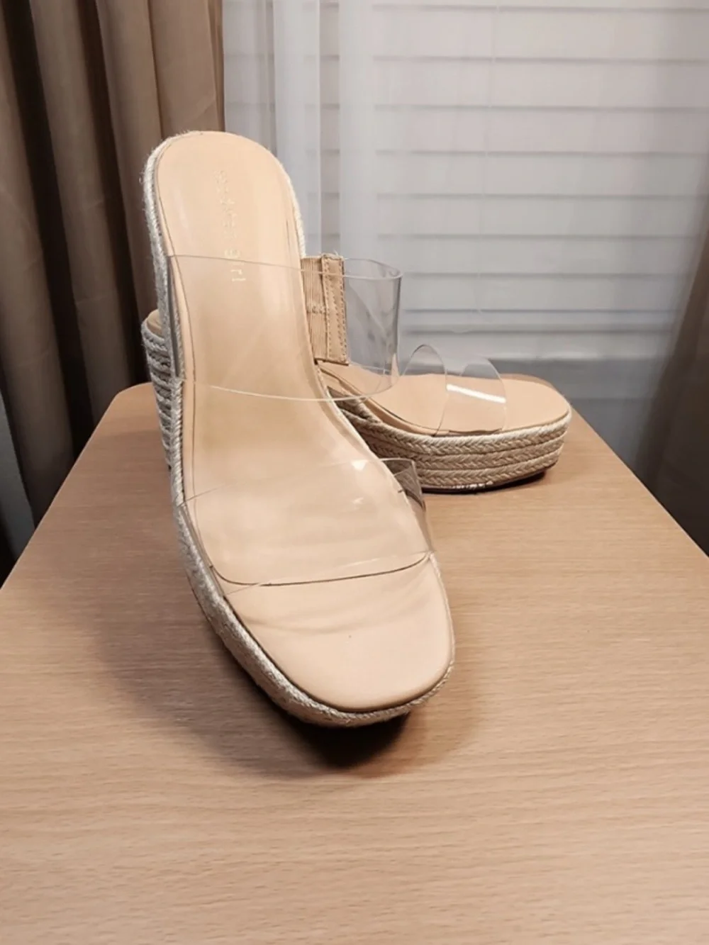 Slip On Clear Strap Espadrille Wedge Sandal Mule - Tan Beige SZ 10 M